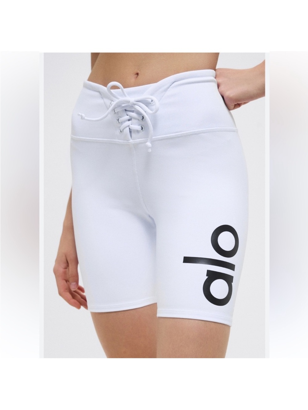 ALO Yoga White Lace-Up High-Waist Bike Shorts with Black Logo